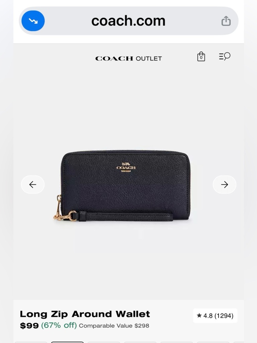 COACH Navy Blue Pebbled Leather Wristlet Zip Wallet with Gold Logo